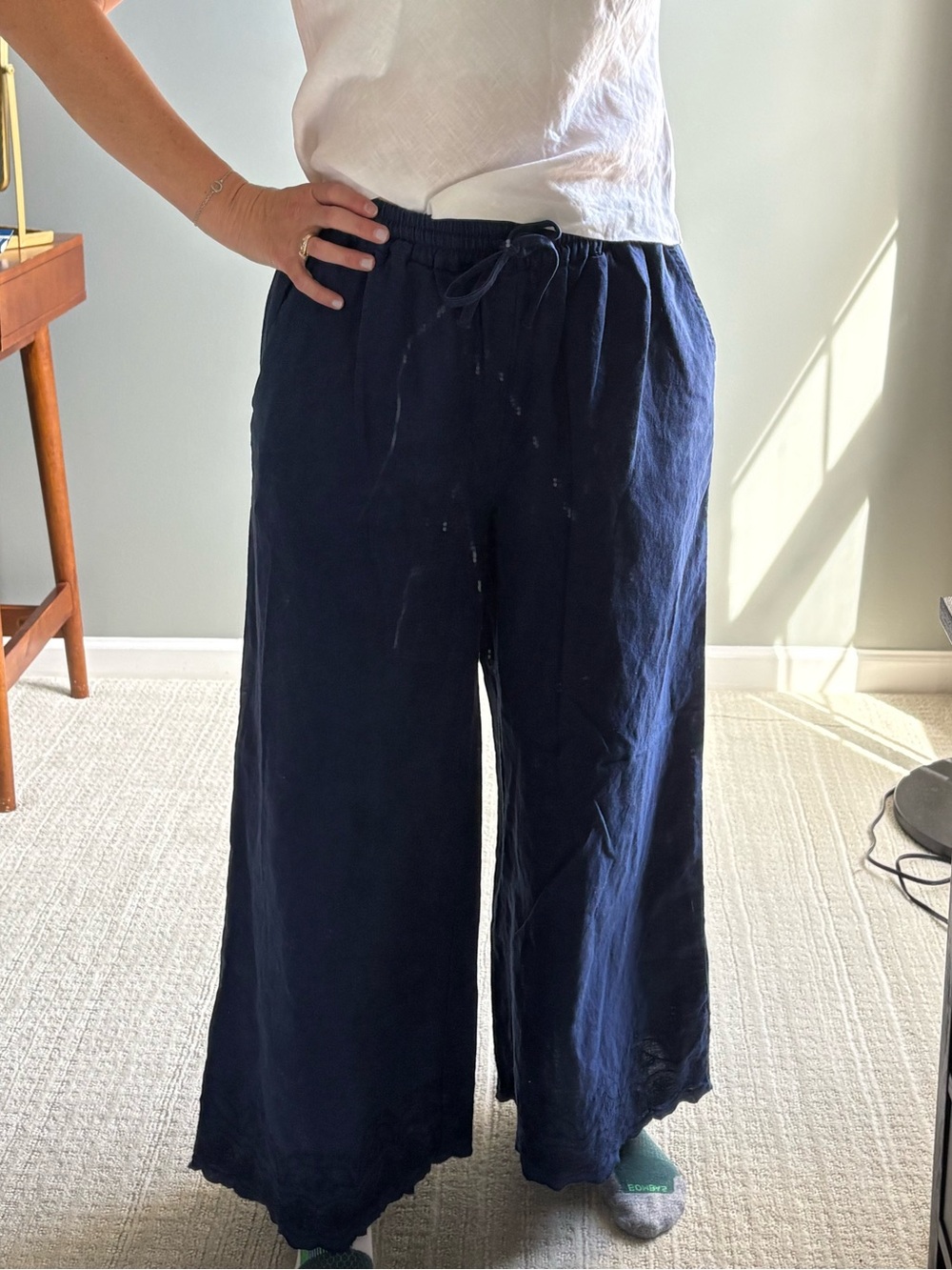 Roller Rabbit Navy Wide-Leg Drawstring Linen Pants